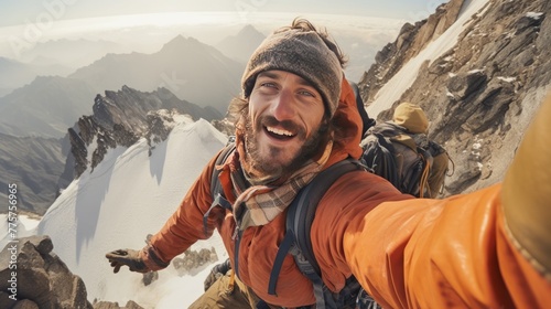 smiling mountaineer taking a selfie on the top of snowy mountain