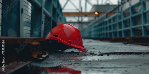 A red hard hat is seen laying on the ground at an industrial worksite