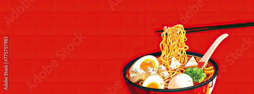 A bowl of ramen noodles is cascaded with vegetables and eggs, being pulled up