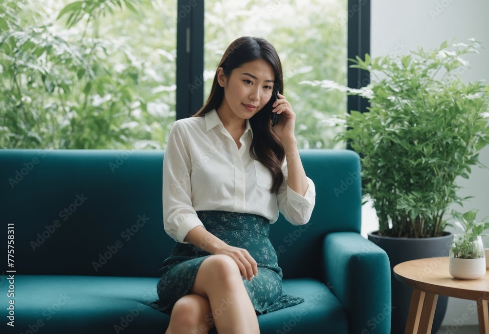 Japanese Woman on Phone in Modern Office. East Asian Woman on Smartphone at Work, Japanese Businesswoman on a Call Japanese Woman on Phone in Modern Office. East Asian Woman on Smartphone at Work, Japanese Businesswoman on a Call