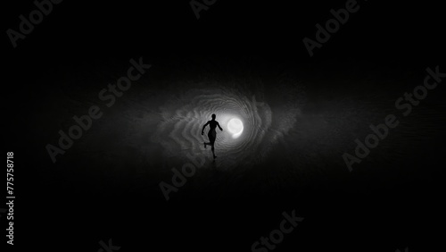 Fototapeta Naklejka Na Ścianę i Meble -  A girl silhouette is running to the light in a cave (3D Rendering)