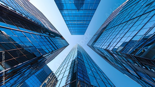 Upward view of gleaming skyscrapers under a clear blue sky. Modern architecture and design in an urban setting. Perspective of growth and development. AI