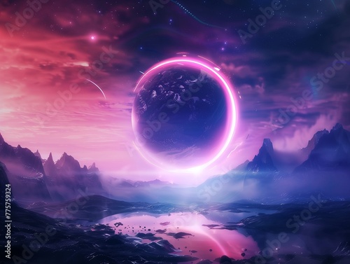 Sci-Fi Fantasy Landscape  Neon-Lit Planet 