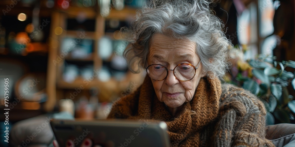 A curious senior woman with eyewear sits in an armchair, using a tablet outdoors. A curious senior woman with eyewear sits in an armchair, using a tablet outdoors.