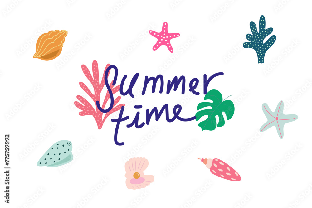 Summer time illustration, summer vector icons, sea shell vector icons on a white background, vector coral icons