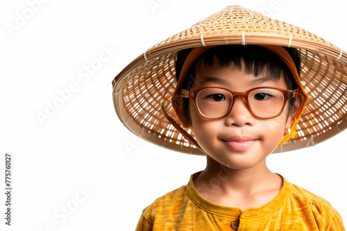an asian boy with glasses and explorer hat, white background
