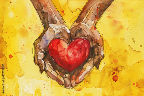 Generative ai illustration of watercolor paint of a hands hold a red heart on a yellow background © JoseLuis