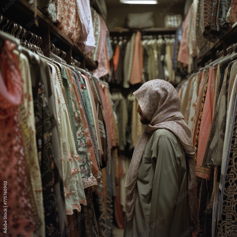 In a boutique's embrace, an Arab customer navigates through garments, each hanger a whisper of potential elegance