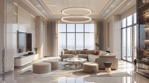 Modern luxury stylish apartment interior in pastel colors a very bright room with huge windows filled with daylight