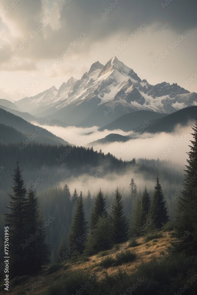 A mountain range covered in fog and trees