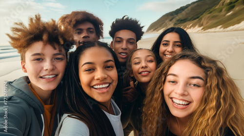 Selfie of young smiling multinational, Multi Ethnic teenagers having fun together. Best friends taking selfie outdoors on the beach. Happy young people having fun and travel together. © petrrgoskov