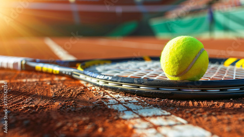 Tennis balls and tennis rackets on a clay court