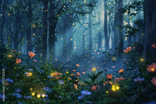 Mystical forest scene at twilight with glowing butterflies and radiant wildflowers illuminating a magical pathway
