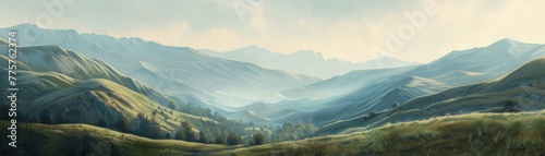 serene pastel mountain range with soft morning light casting gentle shadows across the valleys