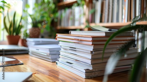 Stacked books on wooden table in soft library light photo