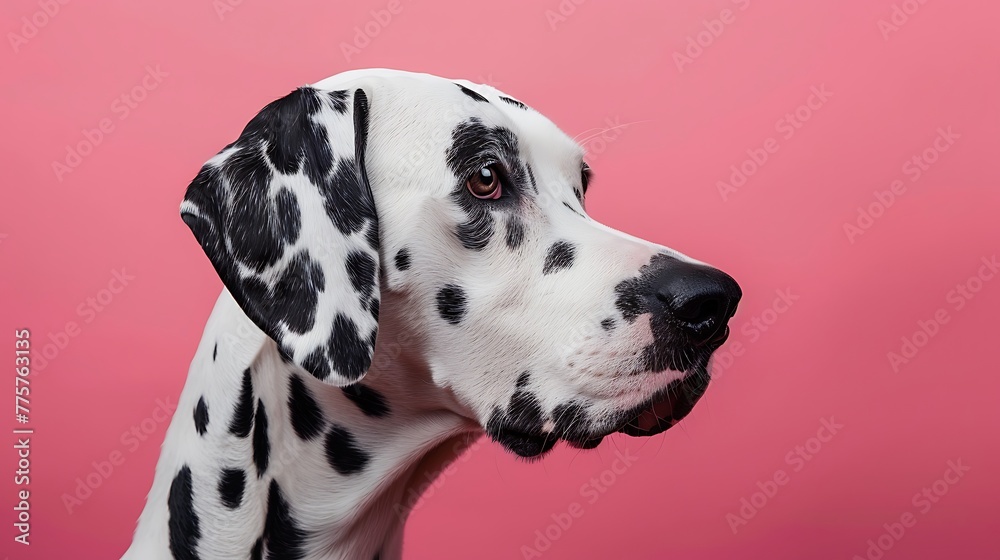 profile head shot of a dalmatian against a pink background profile head shot of a dalmatian against a pink background
