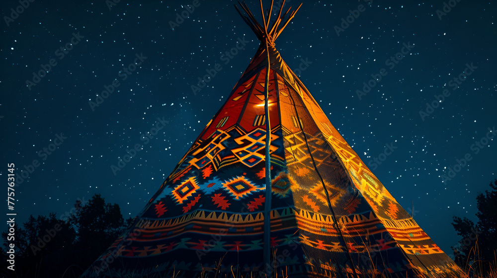 full sized in frame big native american tipi with brown Indian patterns on them, night, one side is bright with warm light, another side is darker with bluish light, Generative Ai - obrazy, fototapety, plakaty 