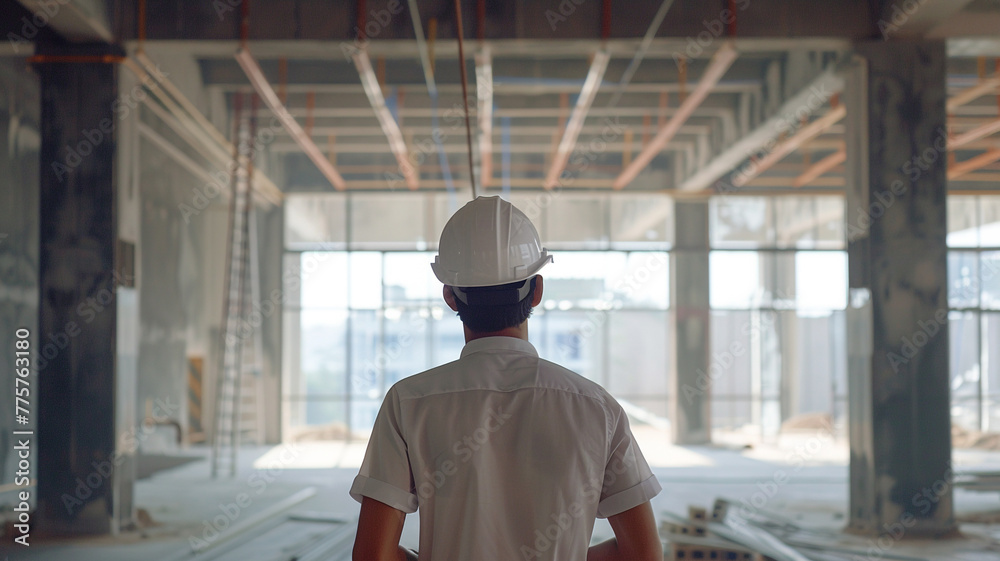 Back view of a young engineer inspecting work in a pre-construction building Back view of a young engineer inspecting work in a pre-construction building