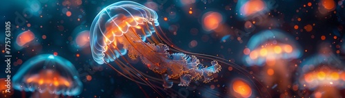 Bioluminescent Jellyfish, Ocean Creature, Glowing under the moonlight, 3D Render, Backlights, Depth of Field Bokeh Effect