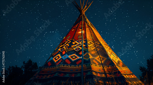 full sized in frame big native american tipi with brown Indian patterns on them, night, one side is bright with warm light, another side is darker with bluish light, Generative Ai photo