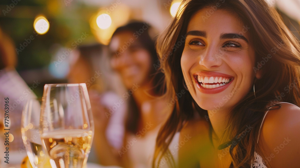 Beautiful woman laughing while having dinner with friends