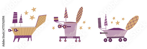 Collection color flat cartoon lunar rover. Vector for textile or papercraft