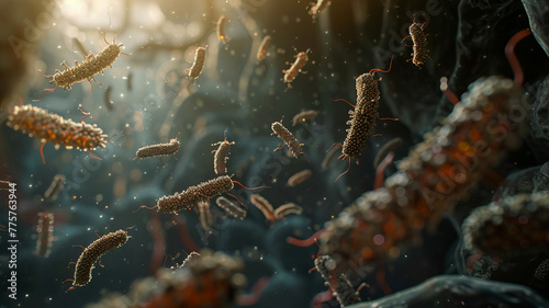 Closeup of Viruses Attacking Human Immune System Cells under Microscope. photo