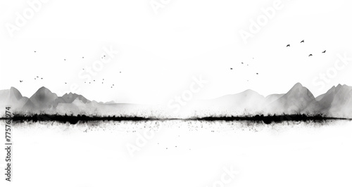 Monochrome Landscape Painting of Misty Mountains. Horizontal bar element for book design, divider, separator, footer or header for website.