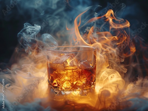 A rich swirl of smoke envelops a glass of Scotch whiskey, embodying the depth and warmth of a timeless spirit