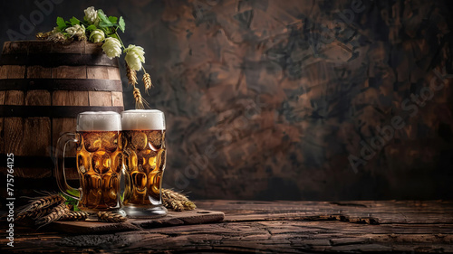 Banner Craft Beer Assortment with Fresh Hops and Wooden Barrel in Rustic Brewery Setting.