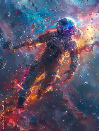 Quantum Diver, sleek suit, fearless astronaut, navigating through colorful nebulae and asteroid fields teeming with minuscule civilizations, realistic image, Backlights, HDR effect © Nathakorn
