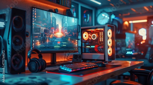Vibrant gaming setup with futuristic computer and ambient lighting