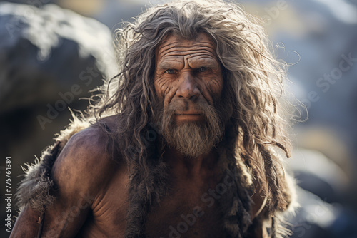 Image of a prehistoric man. First man, Archaeological profession. Archaeological discovery. Topics related to prehistory. AI.