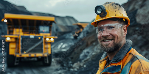 Portrait Miner worker man in hard hat background big yellow mining truck for coal. Concept Open pit mine industry. © Adin