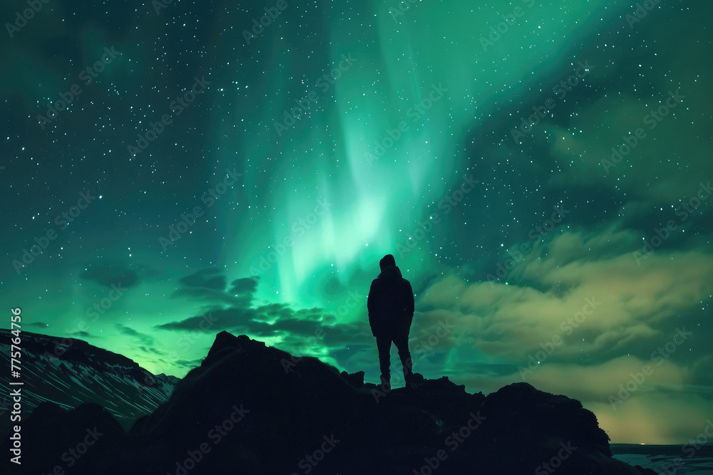 Tourist enjoying Aurora borealis over the beautiful icelandic landscape at night. Northern lights in Iceland. Starry sky with polar lights.