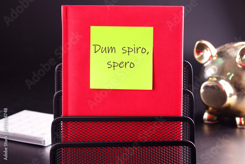 Dum Spiro Spero - latin phrase means While I Breath, I Hope. on a yellow sticker glued to a red notebook photo