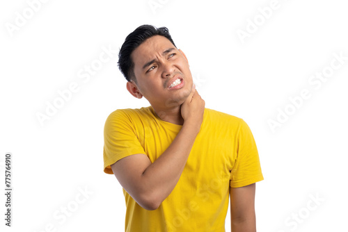 Exhausted young Asian man holding his neck in discomfort isolated on white background
