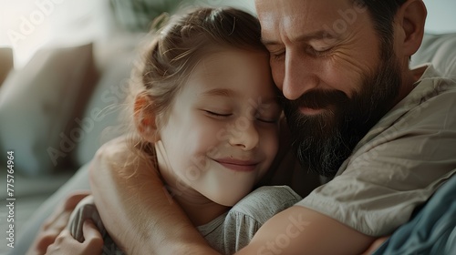 Close-up of a cheerful and lovable girl  radiating positivity  as she cuddles with her handsome bearded father on a comfortable sofa in a light-filled room with ample copy space.