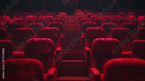 Red soft chairs in the stands of an empty cinema, isolated on a black background with a clipping path