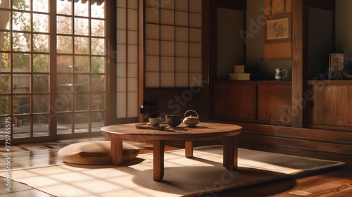 Wooden Chabudai low dining table with pouf seat chair, teapot, brown cabinet in sunlight from shoji window