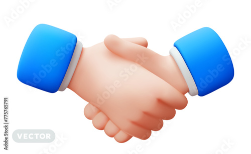 Vector illustration of gesture business man handshake in blue sleeve on white color background. 3d style design of man white skin hand shake agreement