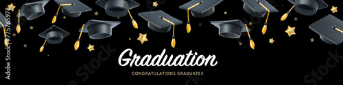 Vector illustration of graduate cap and star on black background. Caps thrown up pattern. 3d style design of congratulation graduates 2024 class with graduation hat