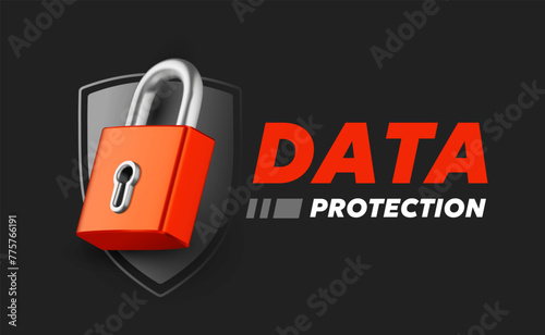 Vector illustration of red color padlock and black security shield with word data protection on black background. 3d style template design of metallic shine padlock and shield