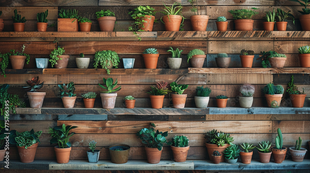 Charming plant display on wooden wall shelves, a collection of potted plants enhancing room decor,