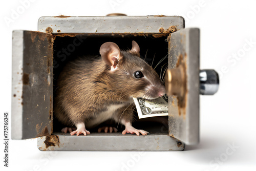 A rat or mouse eat pile of money in safe box as corruption illustration