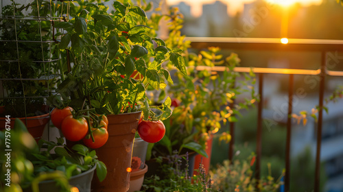 Urban Balcony Garden at Sunset with Ripe Tomatoes and Fresh Herbs in Planters