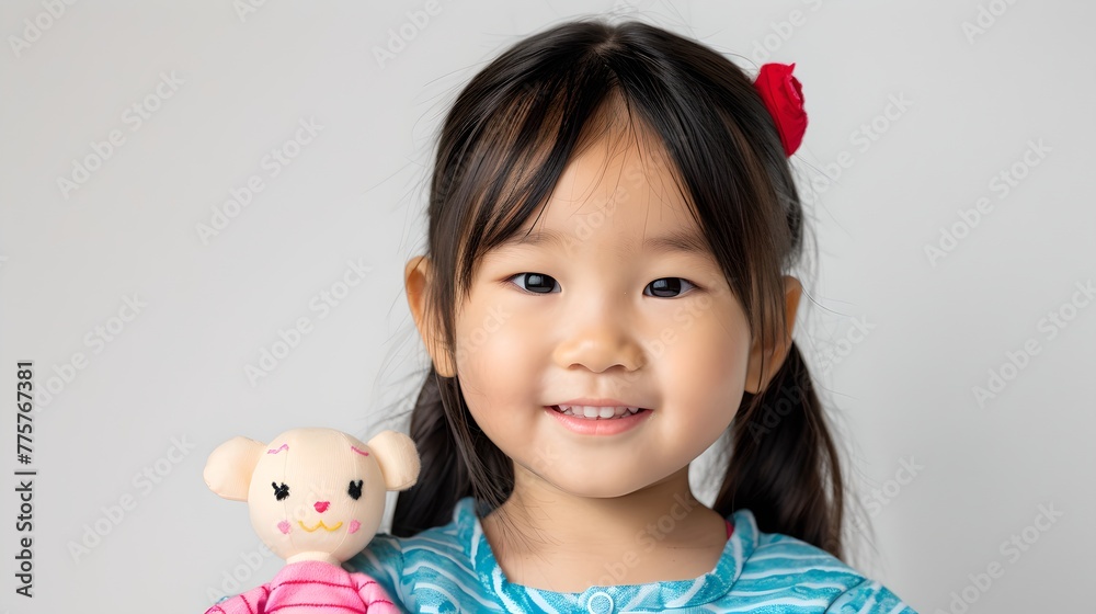 Smiling young girl with plush toy against a light grey background. Capturing childhood innocence. Perfect for family-related themes. AI Smiling young girl with plush toy against a light grey background. Capturing childhood innocence. Perfect for family-related themes. AI