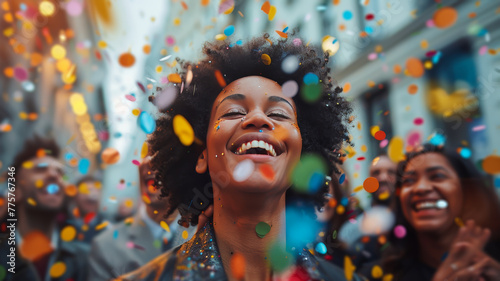 A woman's beaming smile is the centerpiece of a festivity, with her face framed by a rain of multicolored confetti.