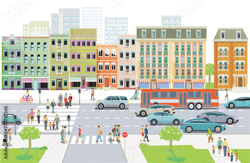 Stadtsilhouette einer Stadt mit Verkehr und Personen, illustration