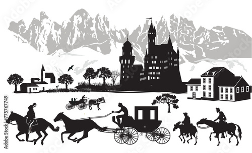 Ritterburg mit Ritter und Kutsche, illustration